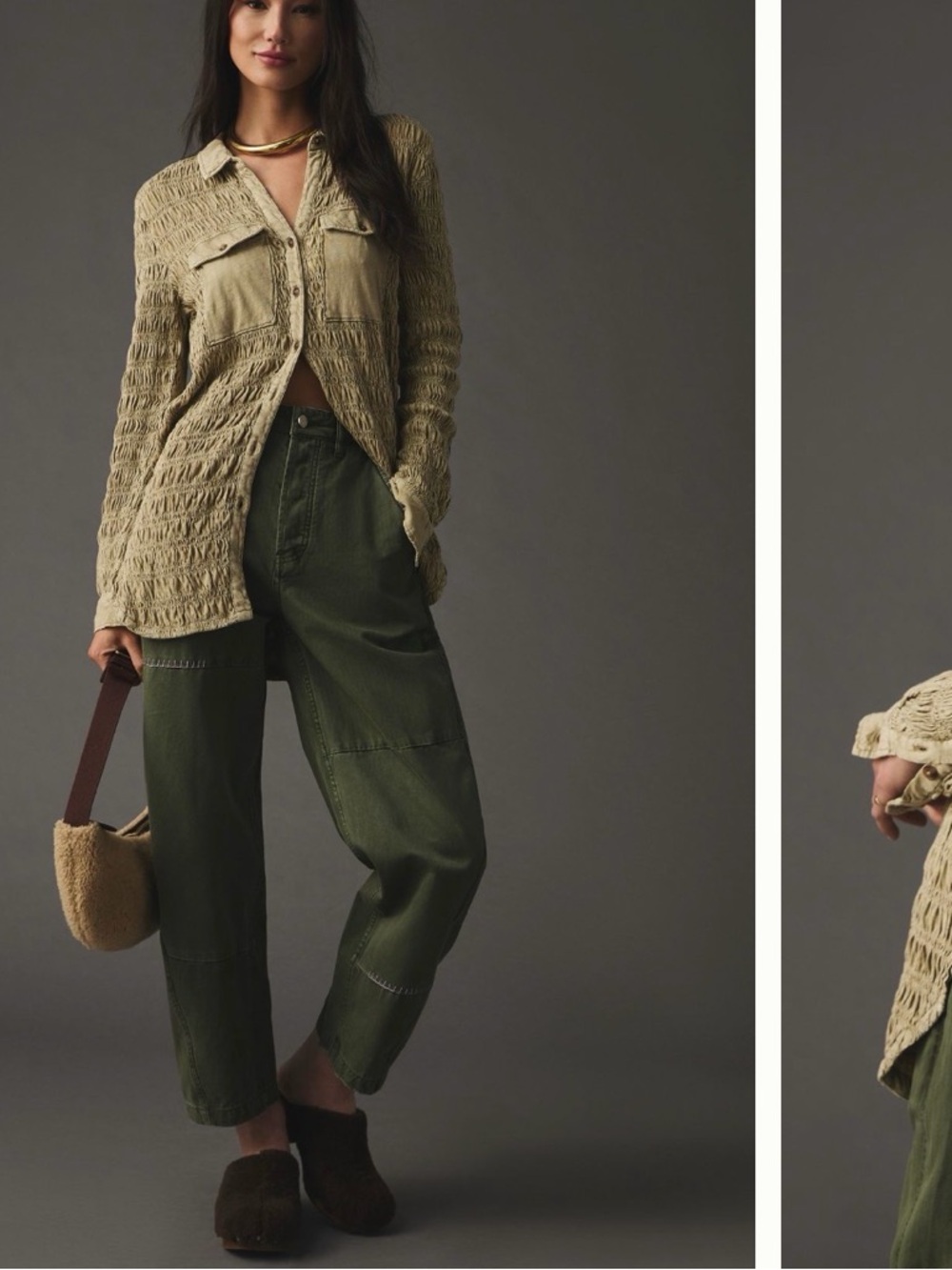Sz XL Pilcro by Anthropologie Textured Cotton Smocked Shacket in Sand/Olive - Picture 2 of 7